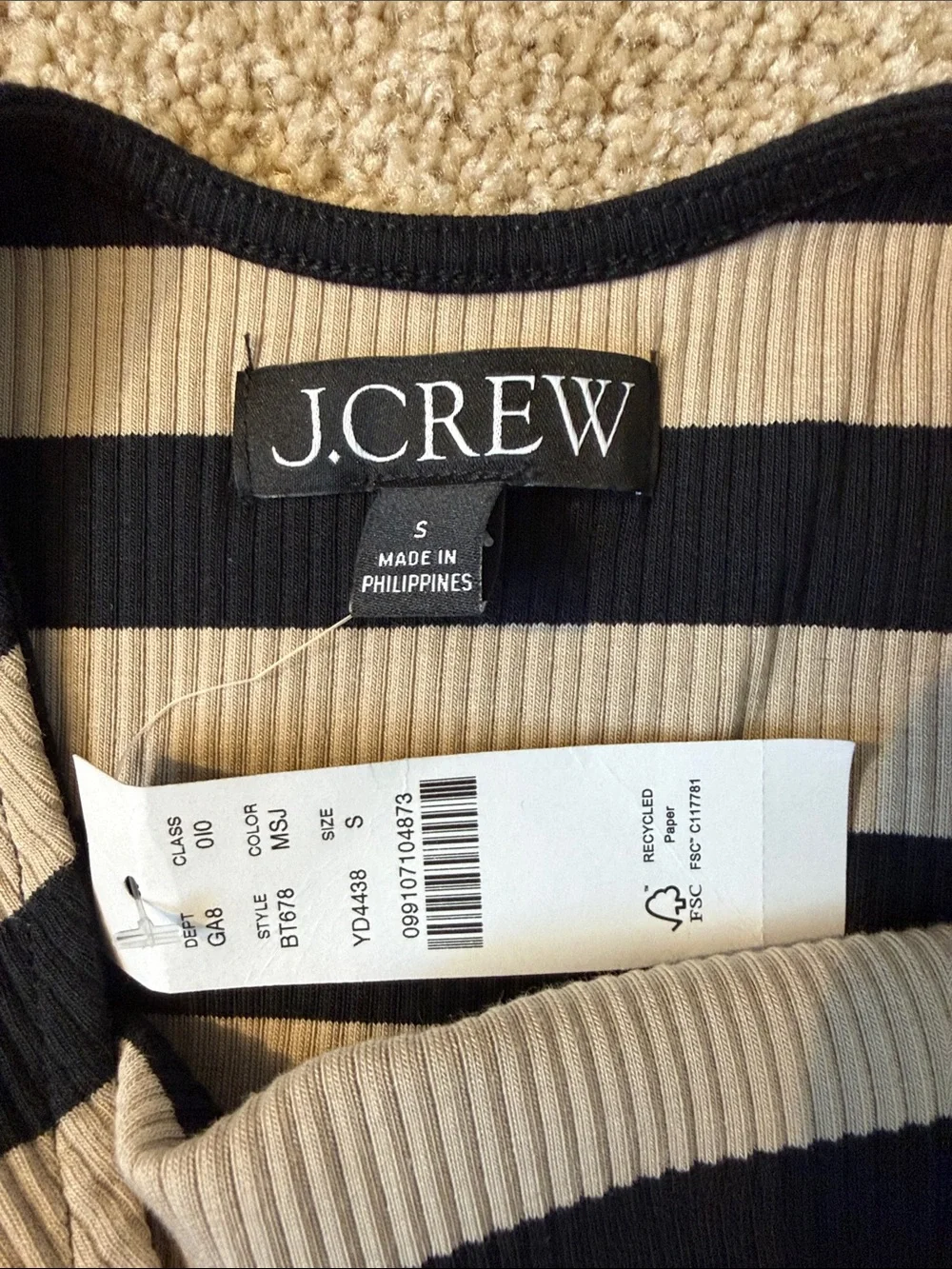 J. Crew Vintage rib scoopback T-shirt Black & Cream Striped Boatneck Tee Small